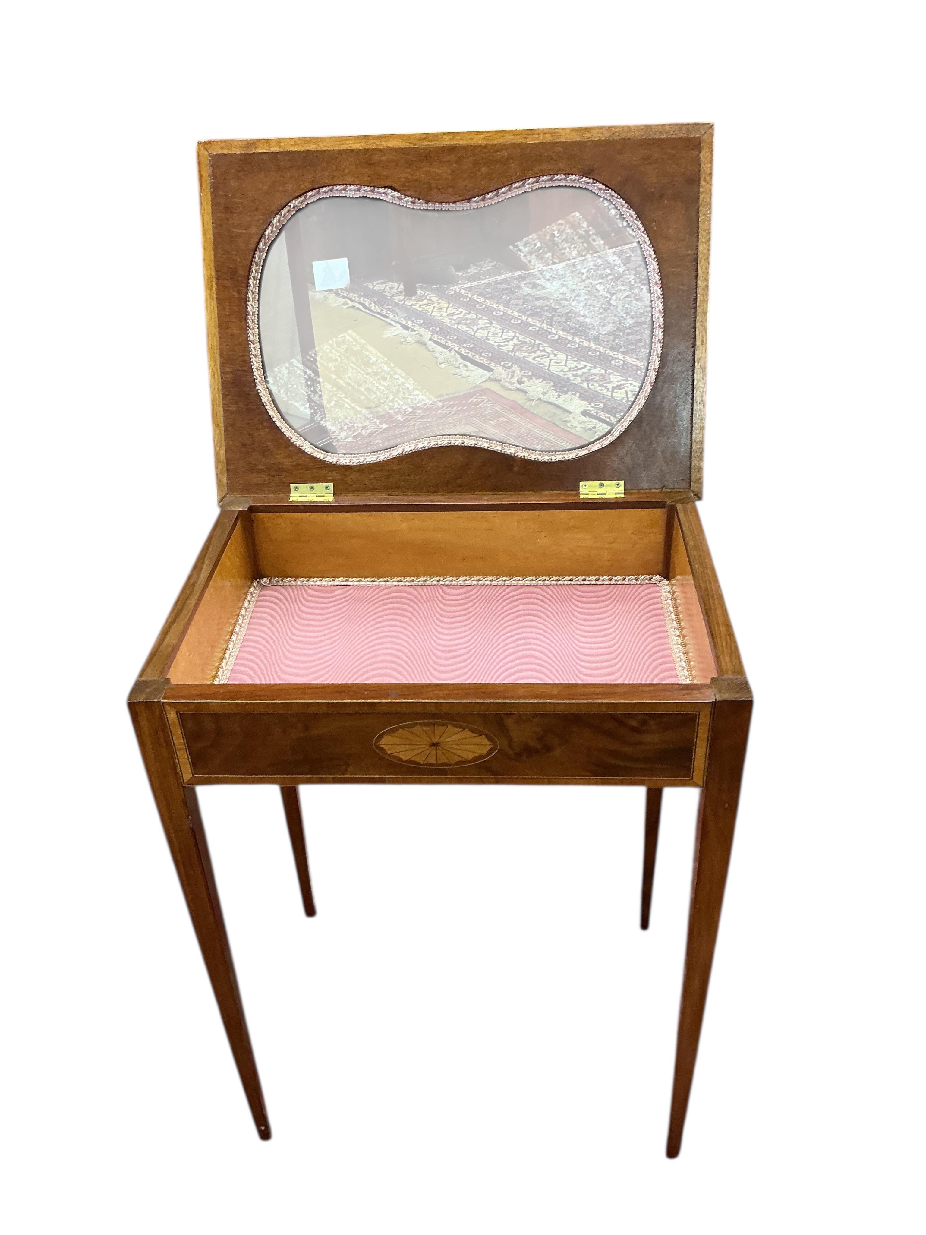An Edwardian style inlaid mahogany bijouterie table, width 58cm, depth 41cm, height 76cm